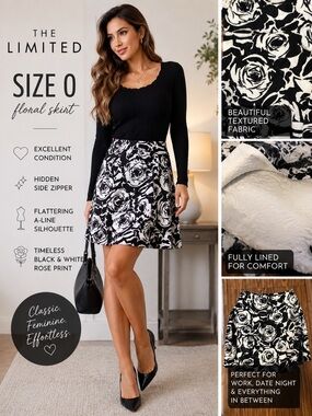 The Limited Black & Ivory Rose Print Skater Skirt‎ Size 0 Fully Lined